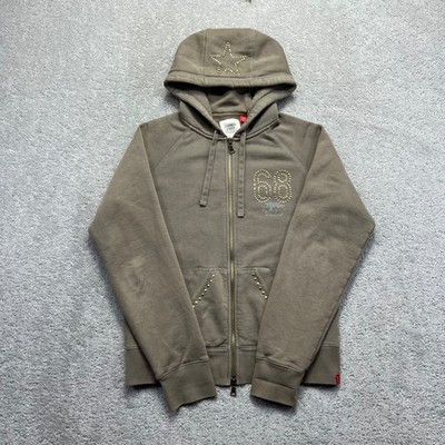 Y2k Esprit Hoodie Womens Large Brown Full Zip Studded Star Sweatshirt 98