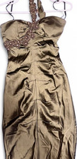 XSCAPE Olive Satin Beaded Embroidered Midi Bodycon Dress Sweetheart Neck Size 6