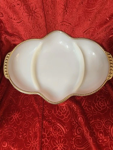 Vintage White Anchor Hocking Fire King Milk Glass Divided Relish Dish Gold Trim