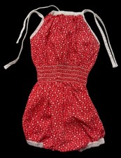 Vintage 1970s Baby Toddler Fits Like 12M Romper Red White Smocked Waist Floral