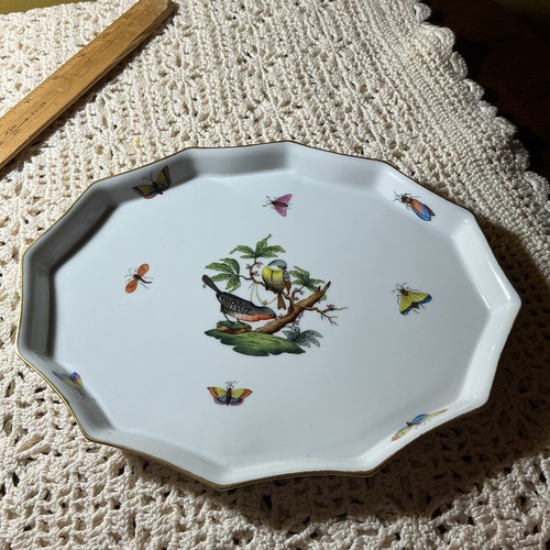 Hungarian Herend porcelain dish hand-painted Rothschild Bird 24k gold dish 9”