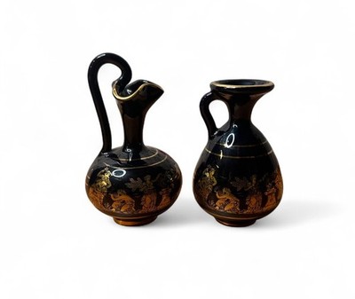 Vintage Greek Black Vase Ewer with 24K Gold Paint Hand Made in Greece