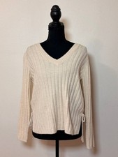 LOFT Petites Cream Ribbed V-Neck Sweater Side Tie Cozy S/P