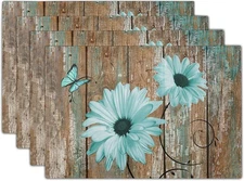 Giwawa Rustic Daisy Placemats Set of 4- Teal Sunflowers 12"x18", 