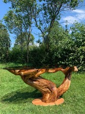 Handcrafted Wild Cherry Root Dining Table with Glass TopSculptural Natural Wood