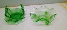 Uranium Glass Fenton Flowers Footed Ruffled candy Dish (2 Pieces)