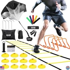 GHB Agility Training Set - 20ft Speed Ladder, 4 Hurdles, 12 Cones, Parachute,