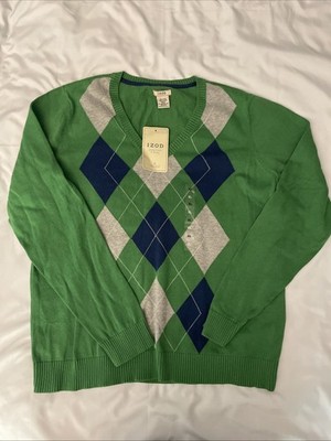 NWT IZOD Women's V-Neck Argyle Sweater Size XL 100% Cotton