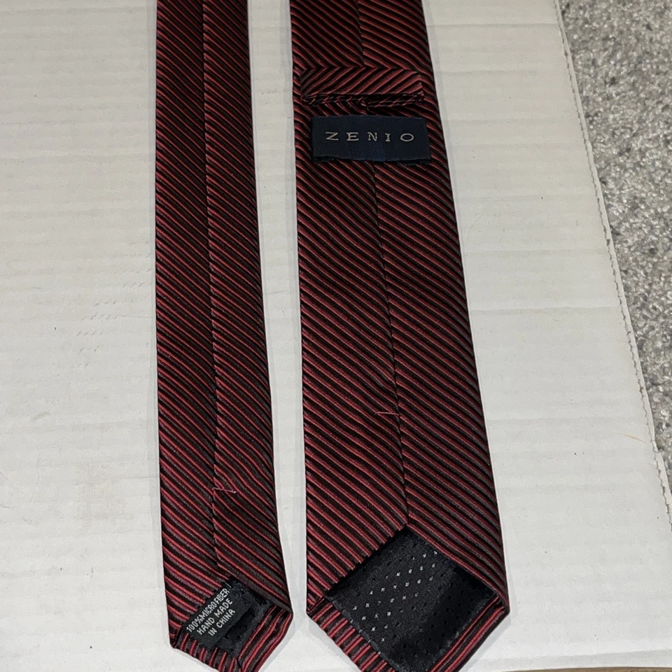 Zenio Tie Skinny Dark Red On Black Stripe  57” Long x 2.3”  Boys Or Teen Size - Image 2 of 4