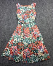 Talbots Dress Womens 14 Multicolor Floral Fit & Flare Belted Sleeveless Lined