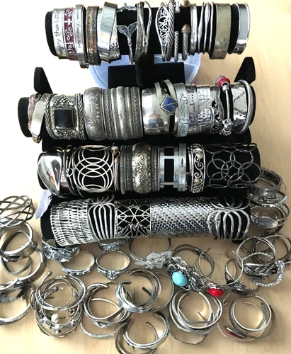 120+ HUGE Vintage Costume to Fashion Jewelry lot Bracelet CUFF ALL SILVER TONE