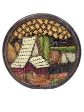 Vtg Philippine Made wood wall hanger Folk Art Decor Village Scene Hut Plaque