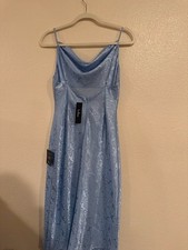 Lulus You're My Type Light Blue Satin Floral Jacquard Midi Slip Dress