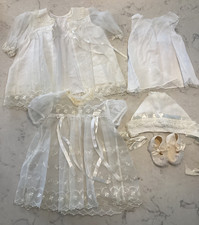 Vintage Ivory Off White Christening Gown 5 Piece Robe Gown Slip Booties And Hat