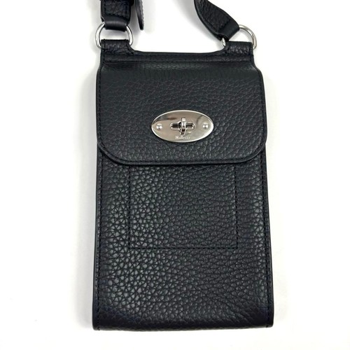 Mulberry Antony Mini Phone Pouch Bag Black Leather Turn Lock Silver Authentic