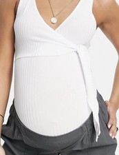 Flounce London Maternity sleeveless ballet wrap top ribbed body in white, UK 14
