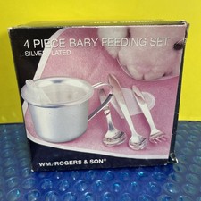 WM. Rogers Son 4 Piece Silver plated Baby Feeding Set. NOB NOS Cup Fork Spoon