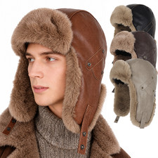 Men Outdoor Winter Hat Leather Aviator Ushanka Windproof Cap Faux Fur Ear Flaps