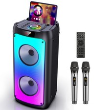 Portable Karaoke Machine Bluetooth Speaker 2 Wireless Microphones RGB LED Party