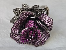 925 Sterling Silver Rose Flower Ring Violet Purple Green Pave Size 9 GORGEOUS 