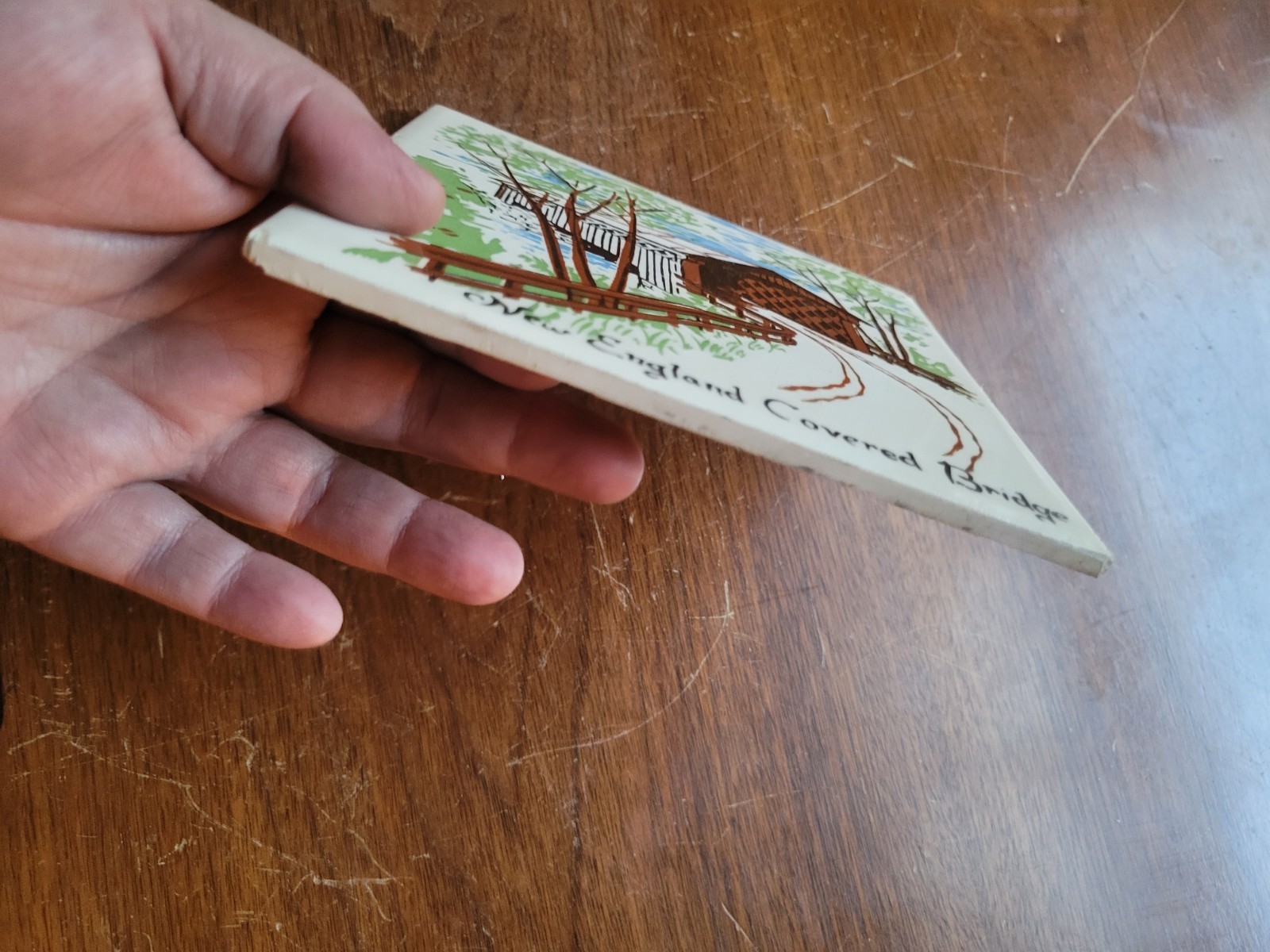 Vintage Mosaic Tile Trivet Covered Bridge on River on beige 6"x6"