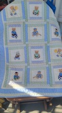 Teddy Bear Sports Crib Quilt, JC Penney Baby Boy Blanket Coverlet Floor Quilt