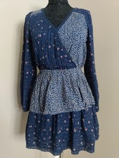 American Eagle Blue Patchwork Floral Ruffled Cottage Longsleeve Dress Size S