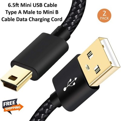 2-Pack Mini USB Cable Braided 6.5ft Type A Male to Mini B Data Charging Cords