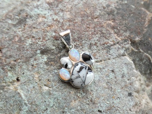 Dog Cat Paw Buffalo Turquoise Sterling Silver 925 Gemstone & Opal Pendant AN74 - Picture 6 of 9