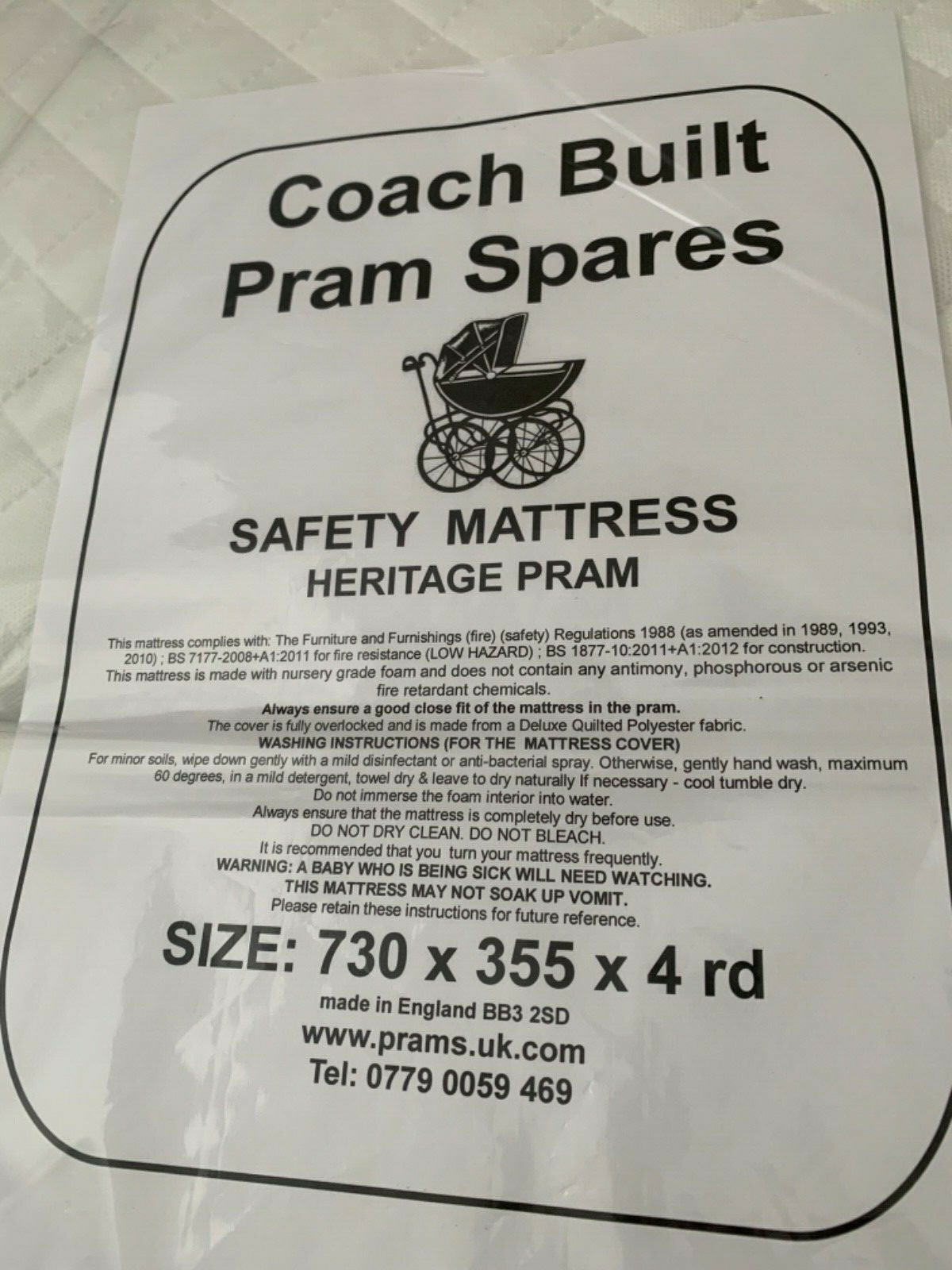 COACH BUILT PRAM DELUXE MATTRESS for Perego Baby Carriage 730 x 355mm