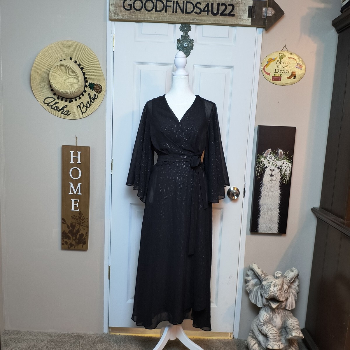 black sheer wrap dress Sheer Puff Sleeve Wrap Dress Diva's Den Fashion, LLC