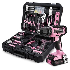 20V Pink Cordless Drill Driver Home Tool Set 141PCS Hand Tool Kit 2Ah Battery
