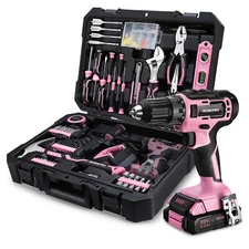 20V Pink Cordless Drill Driver &Home Tool Set 141PCS Hand Tool Kit 2Ah Battery