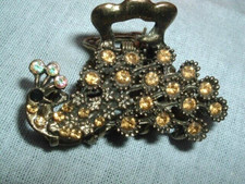 Vintage Golden Rhinestone Peacock Brass Hair Claw Clip 2" STUNNING