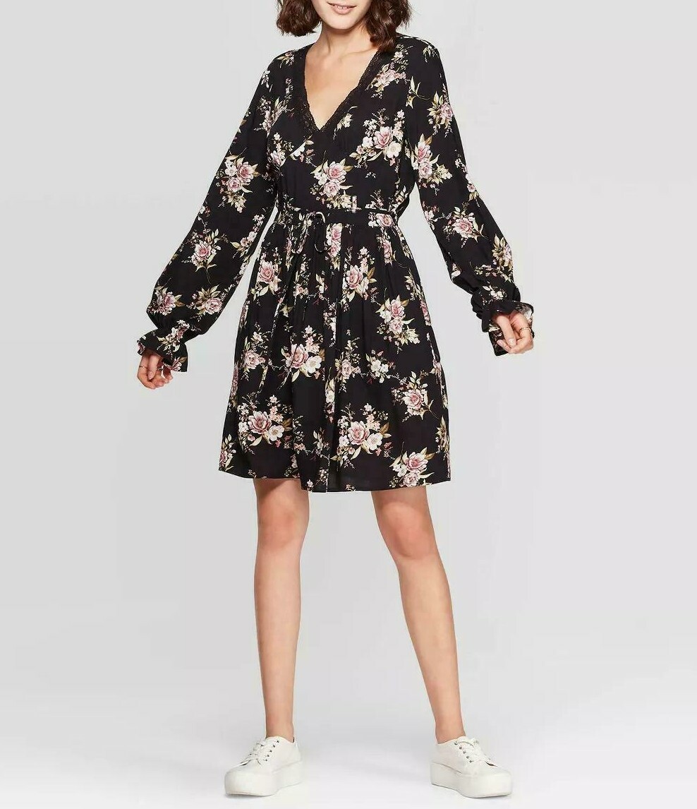Women's Floral Print Long Sleeve Deep V-Neck Waist Tie Mini Dress