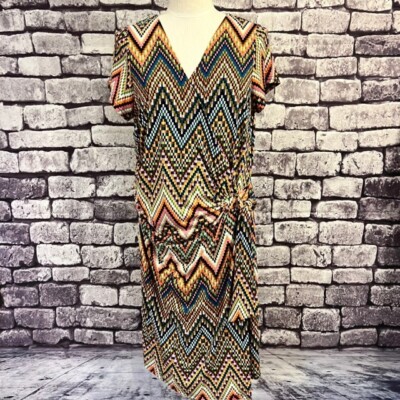 Avenue Short Sleeve Multicolored V-Neck Wrap Dress Size 14/16 Polyester Mix  | eBay