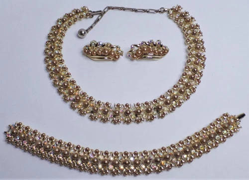 KRAMER SIGNED BRONZE PEARL RHINESTONE NECKLACE BRACELET EARRING PARURE SUITE SET