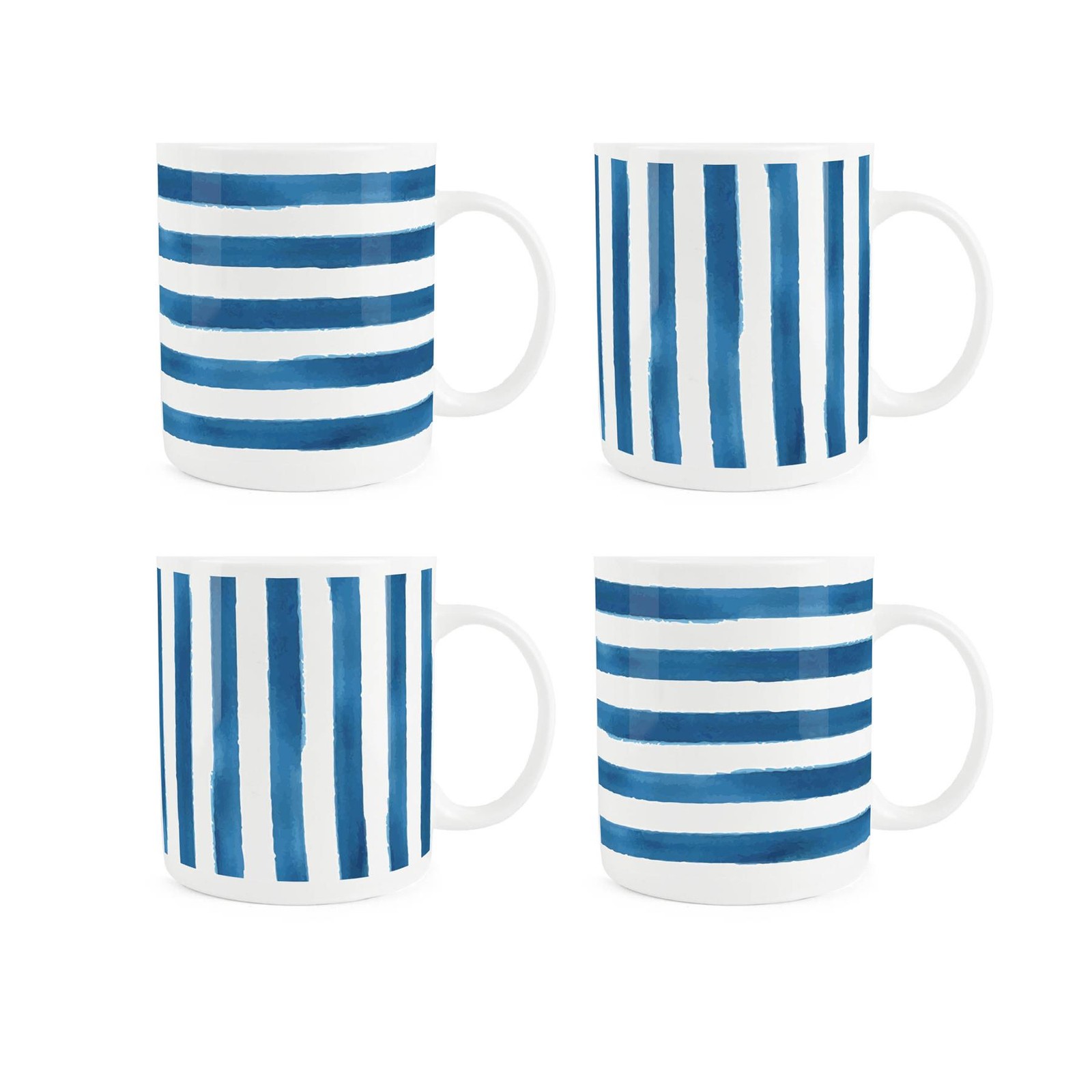 Bone China Mixed Striped Mugs - Blue & White Drinks Cups Gift Set of 4