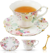 Country Roses Porcelain Tea Cup and Saucer Set with Gold Trim, Vintage Style, fo
