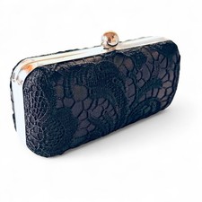 Black Evening Bag Clutch Satin Lace Hard Case Silver Tone Detachable Chain