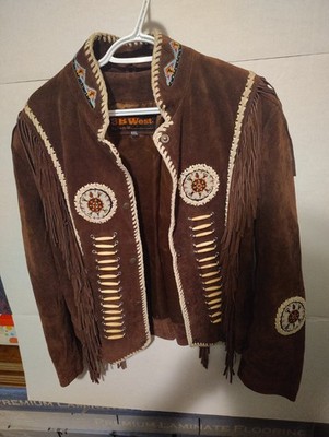 3B West Brown Suede Leather Beaded Coat Native American Style, Size XXL