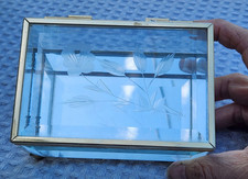 Vintage Etched Glass and Brass Trinket Jewelry Box Flowers Leaves Hinged Lid