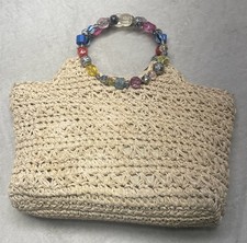 Boho Woven Straw Bag Tote Beaded Colorful Handles Beach Satchel Blue Miami Artsy