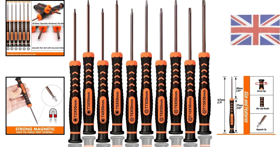 10-Piece Magnetic Torx Screwdriver Set T2-T15 for Precision Electronics Repair - Image 2 of 4