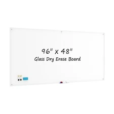 Pure White Glass White Board for Wall, 96" x 48" Extra Large Tempered Glass B...