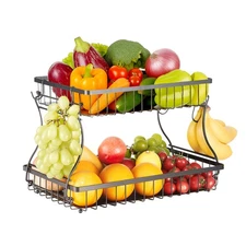 2 Tier Fruit Basket Bowl Kitchen Countertop Storage Stand Holder Banana Hanger