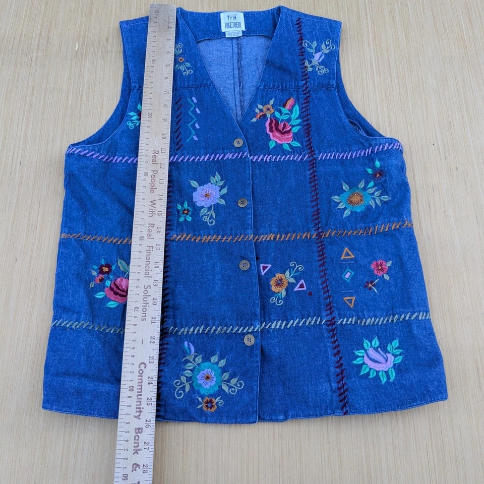 Vintage Together! Vest 90's Denim Cotton Embroidered Floral Cottage Women Large - Image 3 of 4