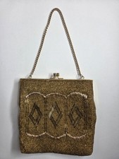 Evening Clutch Bag Diamond Pattern Gold Beaded Chain Strap Snap Top Purse Used