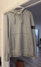 Stone Island Gray Cotton Fleece Pullover Hoodie L Hooded Logo Pockets Drawstring