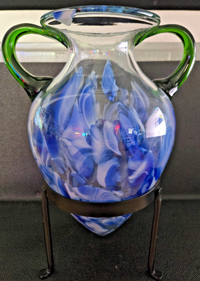 Hand Blown Blue White & Green Amphora Vase with Wrought Iron Stand